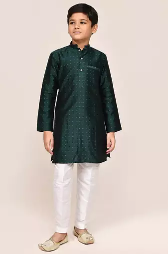Kids boy bottle green jacquard silk blend straight kurta pant set