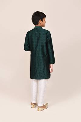 Kids boy bottle green jacquard silk blend straight kurta pant set 3