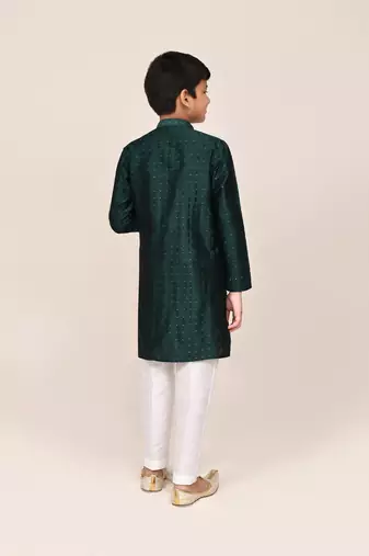 Kids boy bottle green jacquard silk blend straight kurta pant set