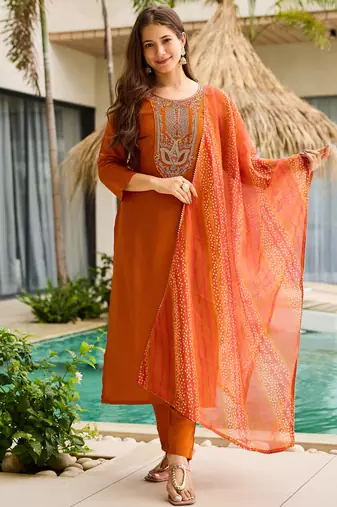 Women's Gorgeous Embroidery work Rayon Fabric Straight Kurta, Pant and Dupatta Set