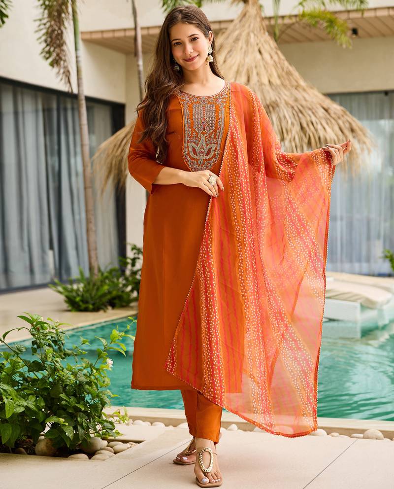 Women's Gorgeous Embroidery work Rayon Fabric Straight Kurta, Pant and Dupatta Set