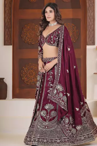 Maroon embroidered lehenga choli with dupatta