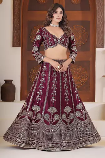Maroon embroidered lehenga choli with dupatta