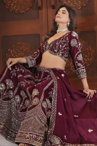 Maroon embroidered lehenga choli with dupatta