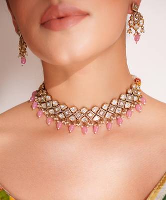 Gold plated  pink stone kundan necklace set 1