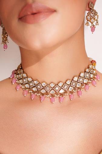 Gold plated  pink stone kundan necklace set