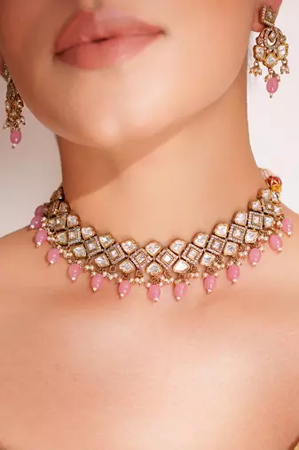 Gold plated  pink stone kundan necklace set