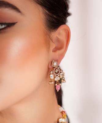 Gold plated  pink stone kundan necklace set 2