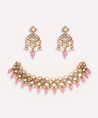 Gold plated  pink stone kundan necklace set 3