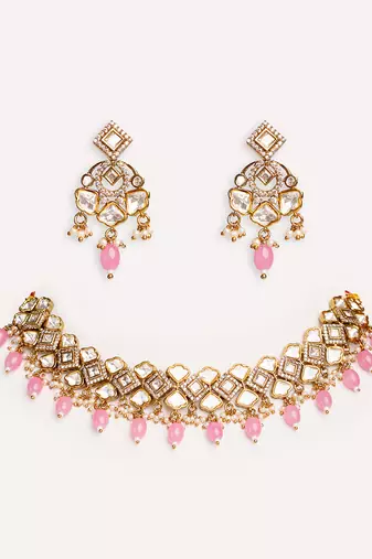 Gold plated  pink stone kundan necklace set