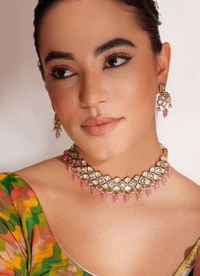 Gold plated  pink stone kundan necklace set 4