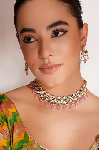 Gold plated  pink stone kundan necklace set