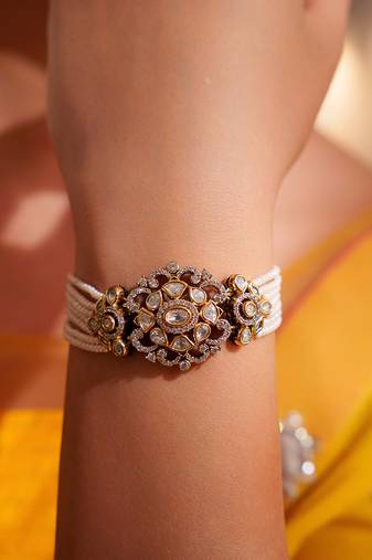 Gold plated kundan pearl bracelet