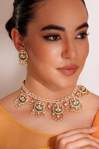 Gold plated  green stone kundan  necklace set