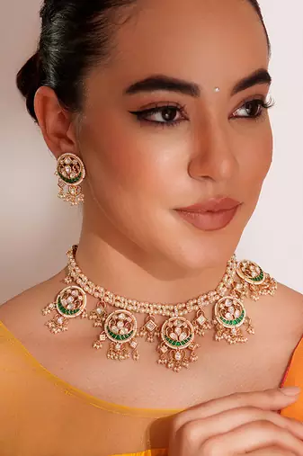 Gold plated  green stone kundan  necklace set