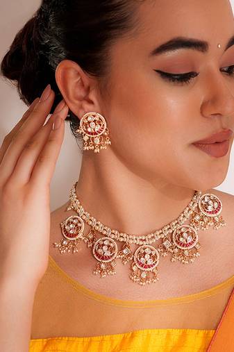 Gold plated red stone kundan  necklace set