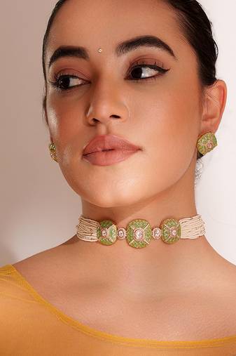 Gold plated  green stone kundan  choker necklace set