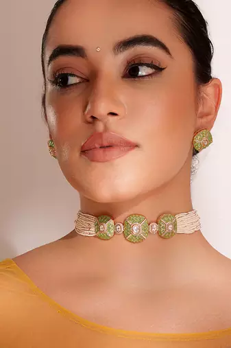 Gold plated  green stone kundan  choker necklace set