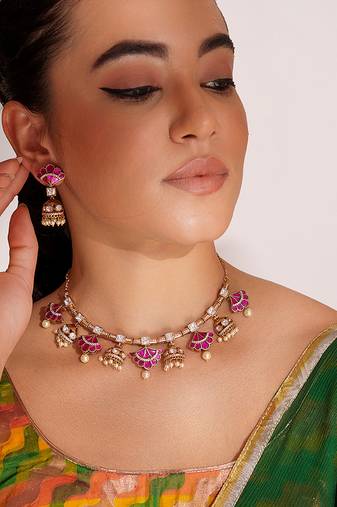 Two toned pink stone choker necklace set