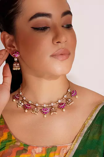 Two toned pink stone choker necklace set