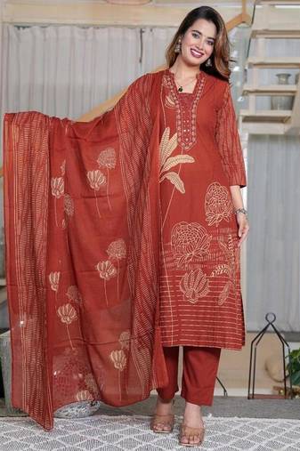 Cotton cambric printed  straight  kurti-pant-dupatta  set