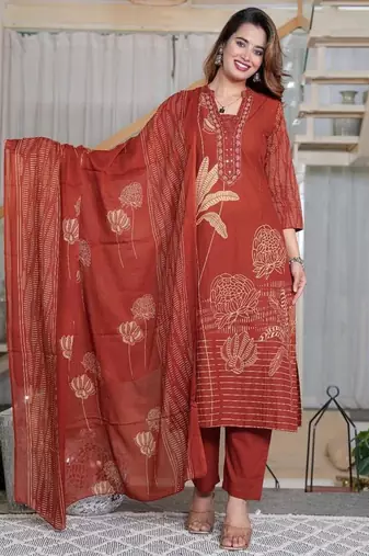 Cotton cambric printed  straight  kurti-pant-dupatta  set