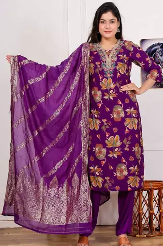 Vatican silk  printed  straight  kurti-pant-dupatta  set