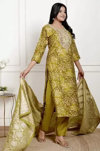 Vatican silk  printed  straight  kurti-pant-dupatta  set
