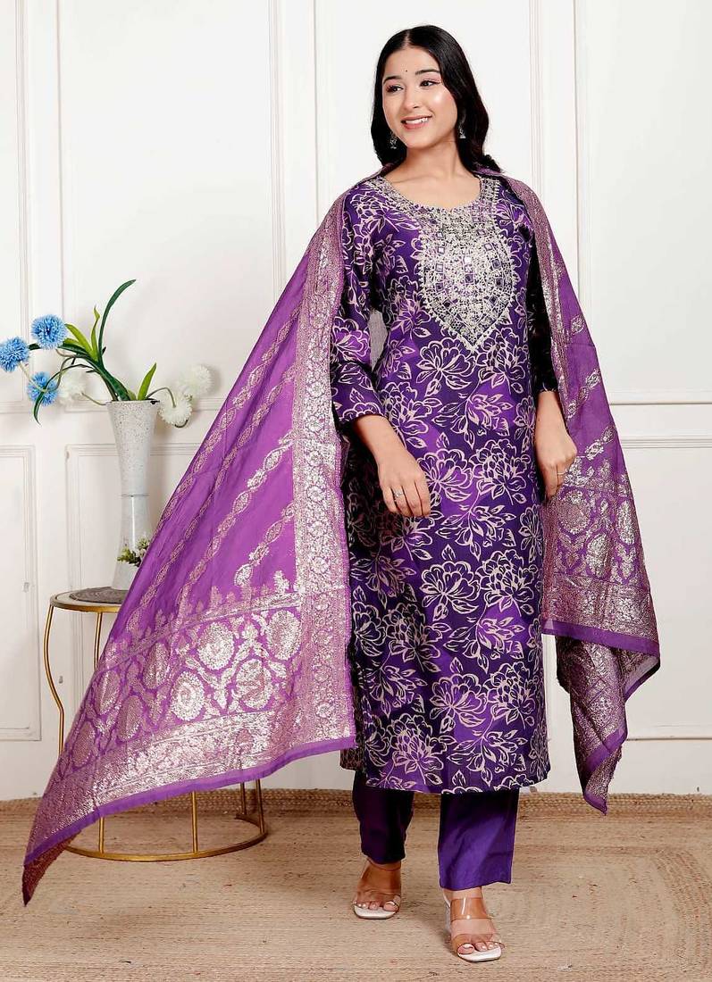 Vatican silk  printed  straight  kurti-pant-dupatta  set