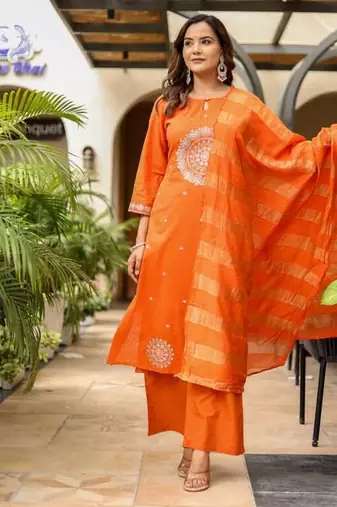 Dobby cotton printed  a-line  kurti-pant-dupatta  set
