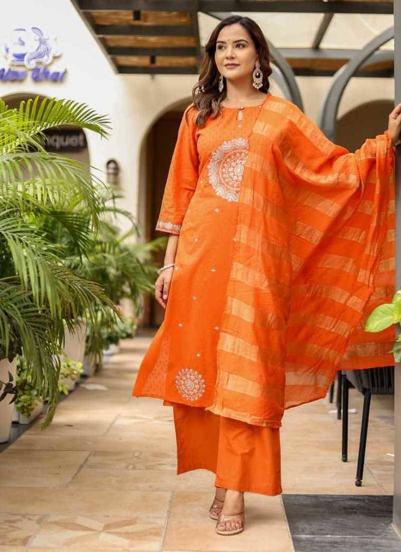 Dobby cotton printed  a-line  kurti-pant-dupatta  set