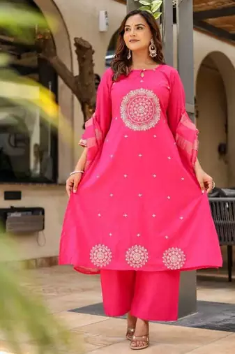 Dobby cotton printed  a-line  kurti-pant-dupatta  set