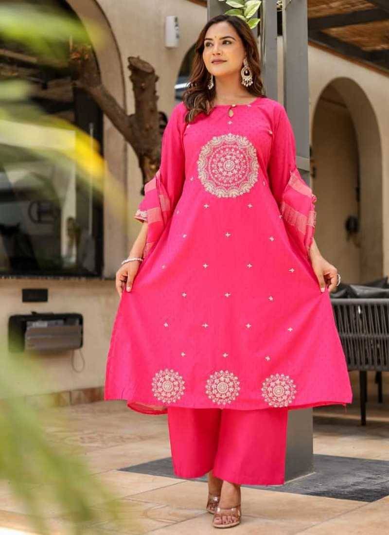 Dobby cotton printed  a-line  kurti-pant-dupatta  set