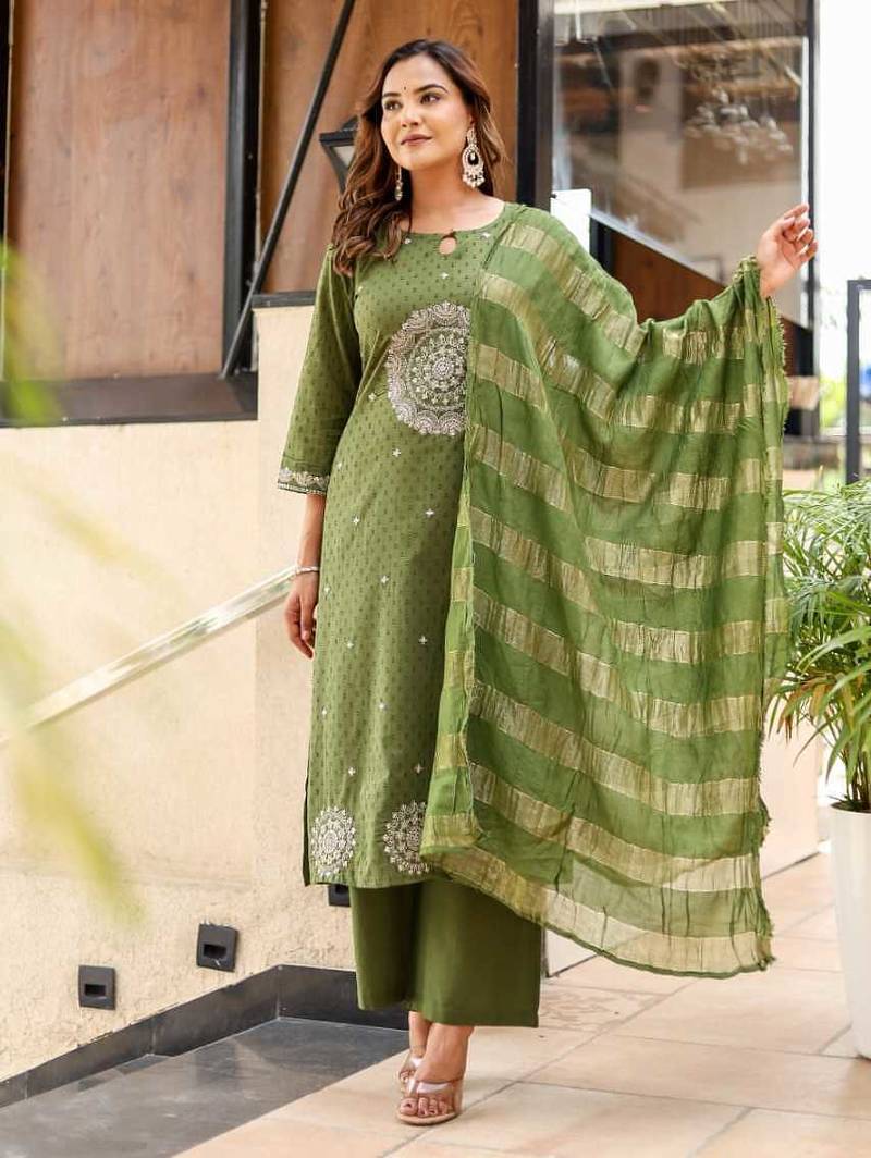 Dobby cotton printed  a-line  kurti-pant-dupatta  set