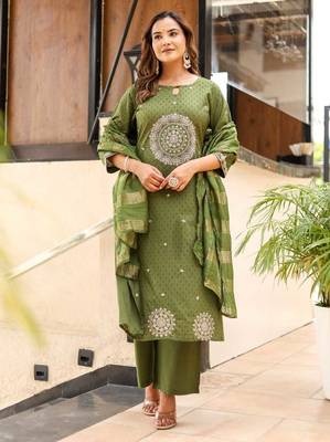 Dobby cotton printed  a-line  kurti-pant-dupatta  set 2
