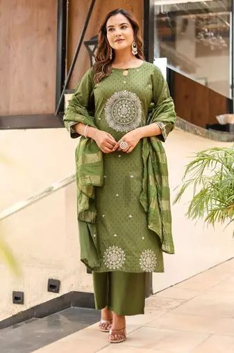 Dobby cotton printed  a-line  kurti-pant-dupatta  set