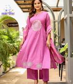 Dobby cotton printed  a-line  kurti-pant-dupatta  set