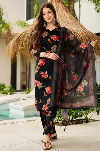 Women's Gorgeous Printed Silk Blend Fabric Straight Kurta, Pant and Dupatta Set