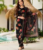 Women's Gorgeous Printed Silk Blend Fabric Straight Kurta, Pant and Dupatta Set