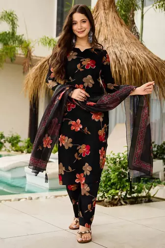 Women's  Printed Silk Blend Straight Kurta Pant and Dupatta Set