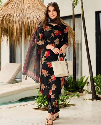 Women's  Printed Silk Blend Straight Kurta Pant and Dupatta Set 5