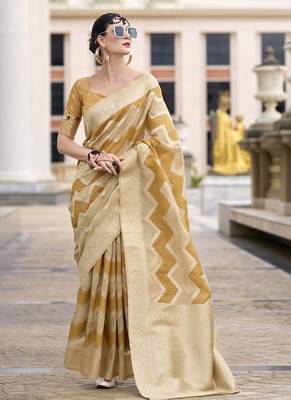 Mustard & beige cotton linen silk golden weaving office wear saree 1