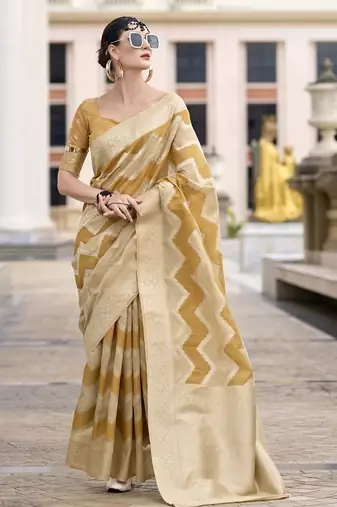 Mustard & beige cotton linen silk golden weaving office wear saree