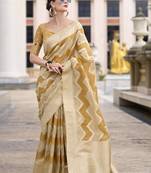 Mustard & beige cotton linen silk golden weaving office wear saree