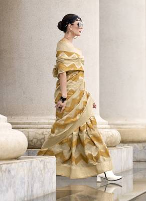 Mustard & beige cotton linen silk golden weaving office wear saree 2