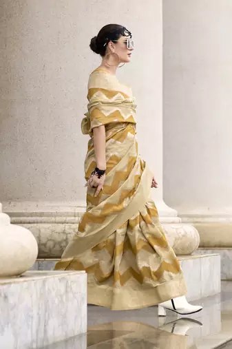 Mustard & beige cotton linen silk golden weaving office wear saree