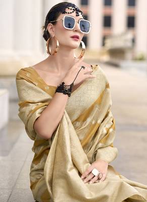 Mustard & beige cotton linen silk golden weaving office wear saree 3