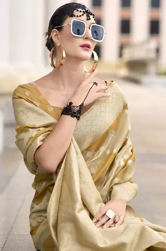 Mustard & beige cotton linen silk golden weaving office wear saree