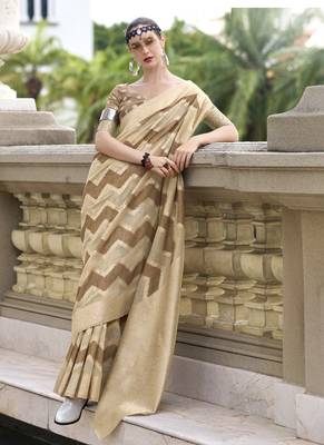 Off white & beige cotton linen silk golden weaving  office wear saree 1
