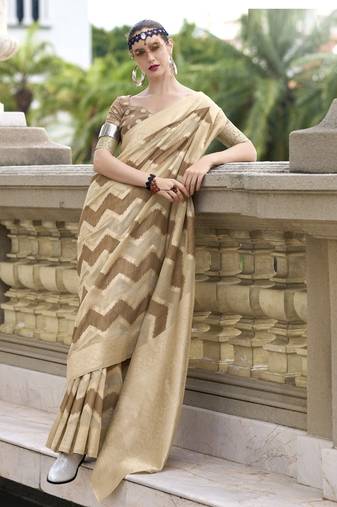 Off white & beige cotton linen silk golden weaving  office wear saree